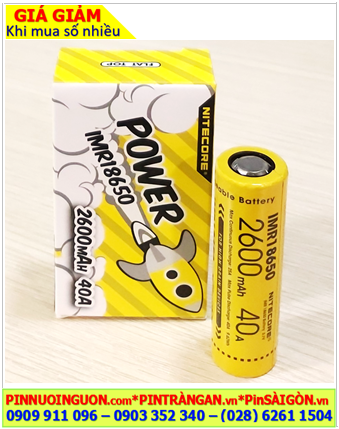 Nitecore IMR18650; Pin sạc 3.7v Lithium Nitecore IMR18650 2600mAh (dòng xả 40A, Nội trở 9.62Wh)